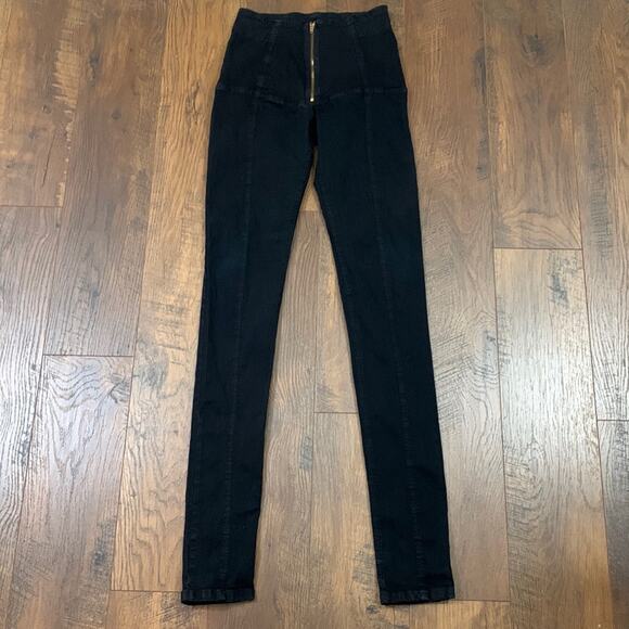 PRAIRIE UNDERGROUND DENIM GIRDLE LEGGINGS JEANS BLACK FRONT ZIPPER STRETCH XS - Picture 2 of 7